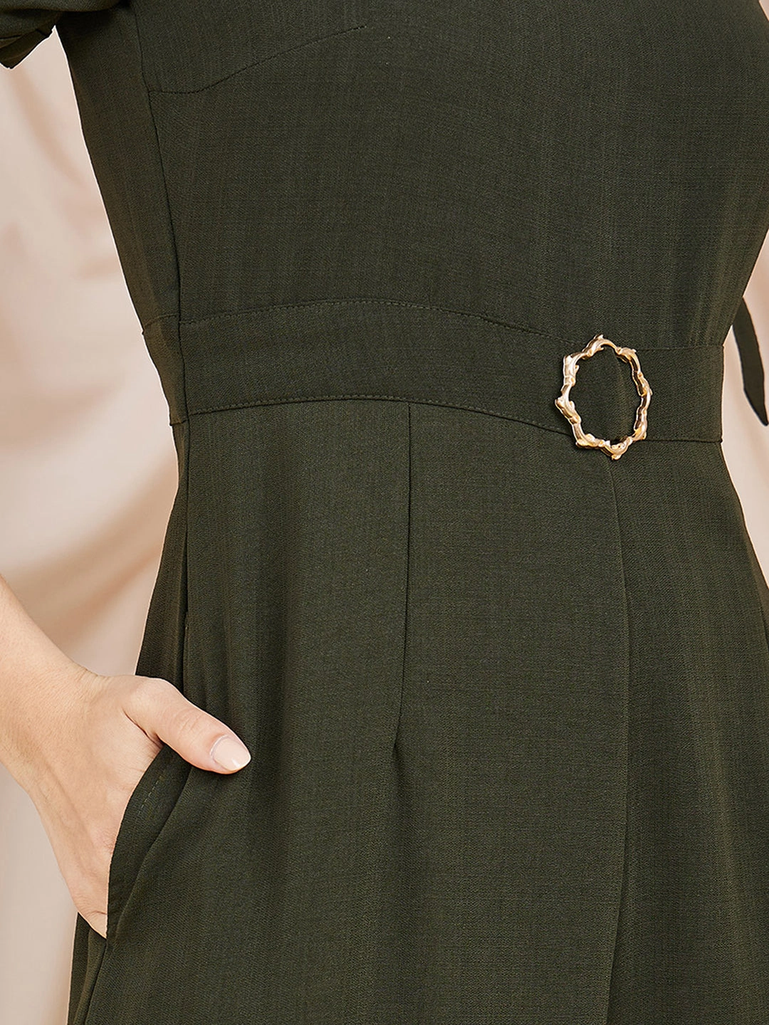 Lounge Outfit Women's Dark Green Square neck Puff sleeve Solid Wide Leg Regular Jumpsuit