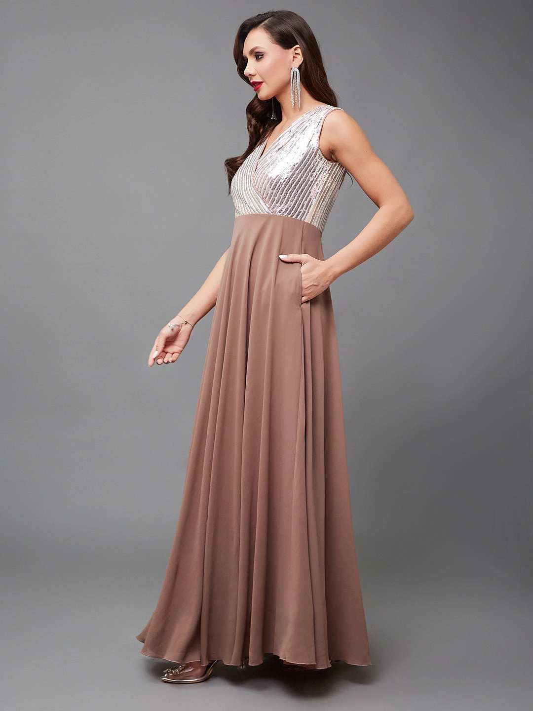 Women's Dusty Peach V-Neck Sleeveless Embellished Wrap Maxi Georgette Dress Tailored Comfort