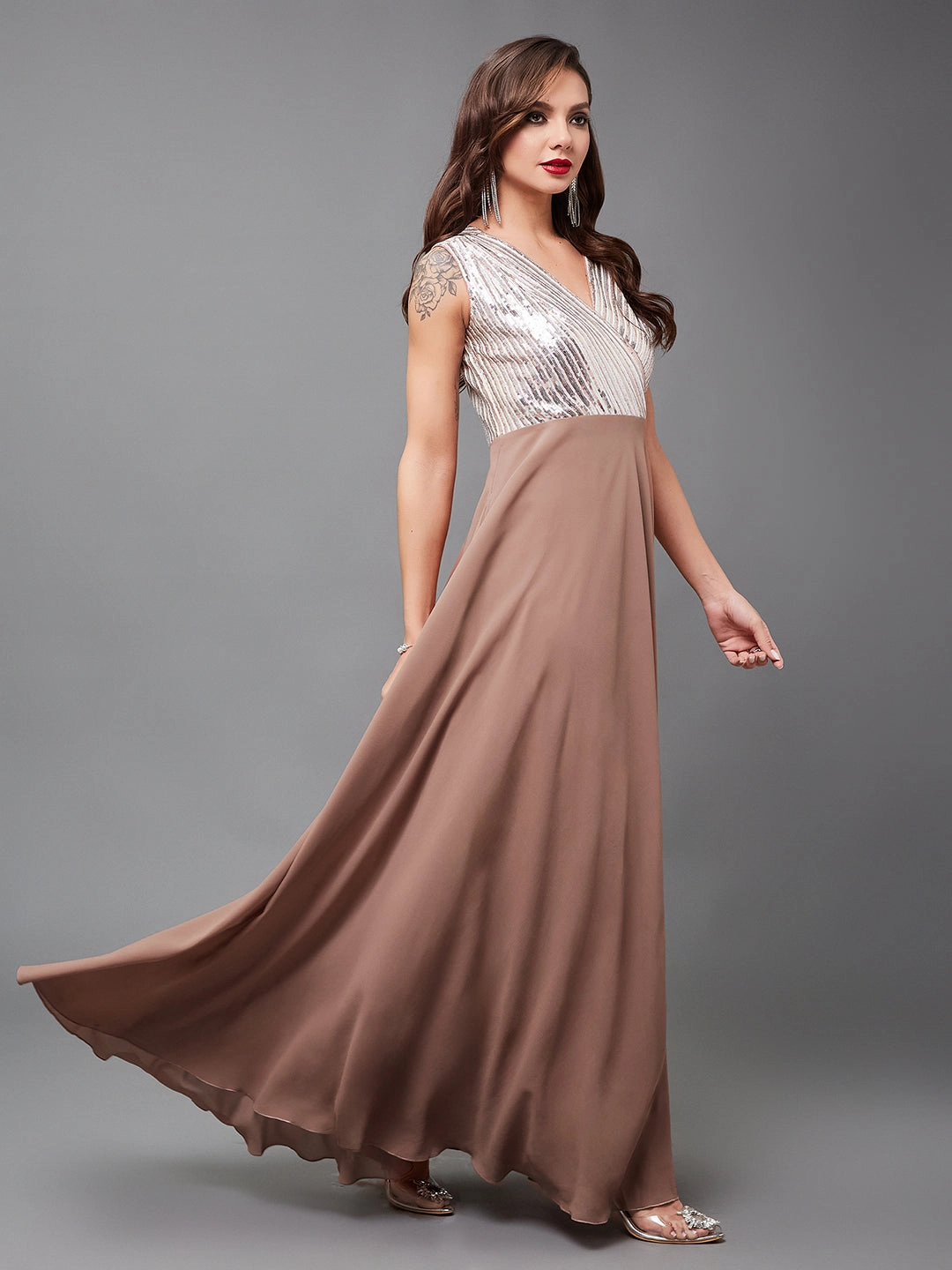 Relax Appeal Women's Dusty Peach V-Neck Sleeveless Embellished Wrap Maxi Georgette Dress