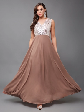 Women's Dusty Peach V-Neck Sleeveless Embellished Wrap Maxi Georgette Dress Pure Look