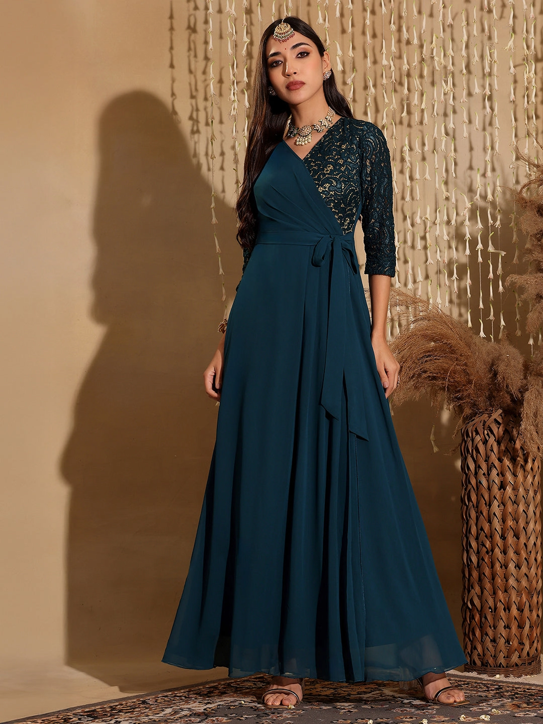 Airy Fit Women's Teal V-Neck 3/4 Sleeve Self-Designed Wrap-Styled Georgette Maxi Dress