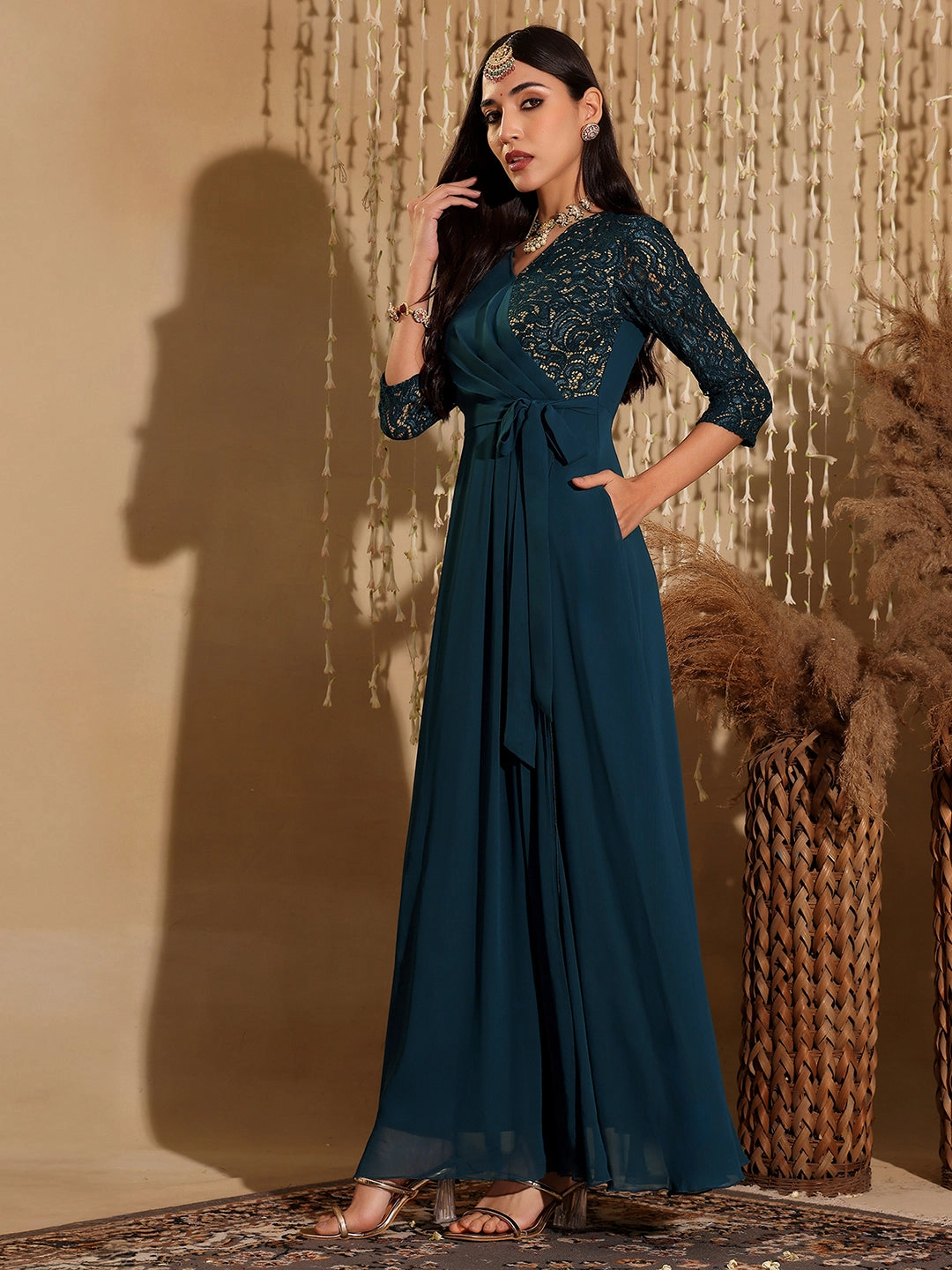 Silky-Feel Blush Glow Women's Teal V-Neck 3/4 Sleeve Self-Designed Wrap-Styled Georgette Maxi Dress