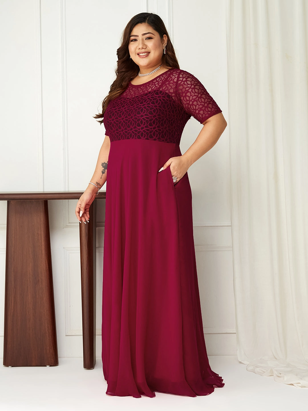 Body Bliss Dark Pink Solid Lace Overlaid Maxi Dress Embroidered Fabric