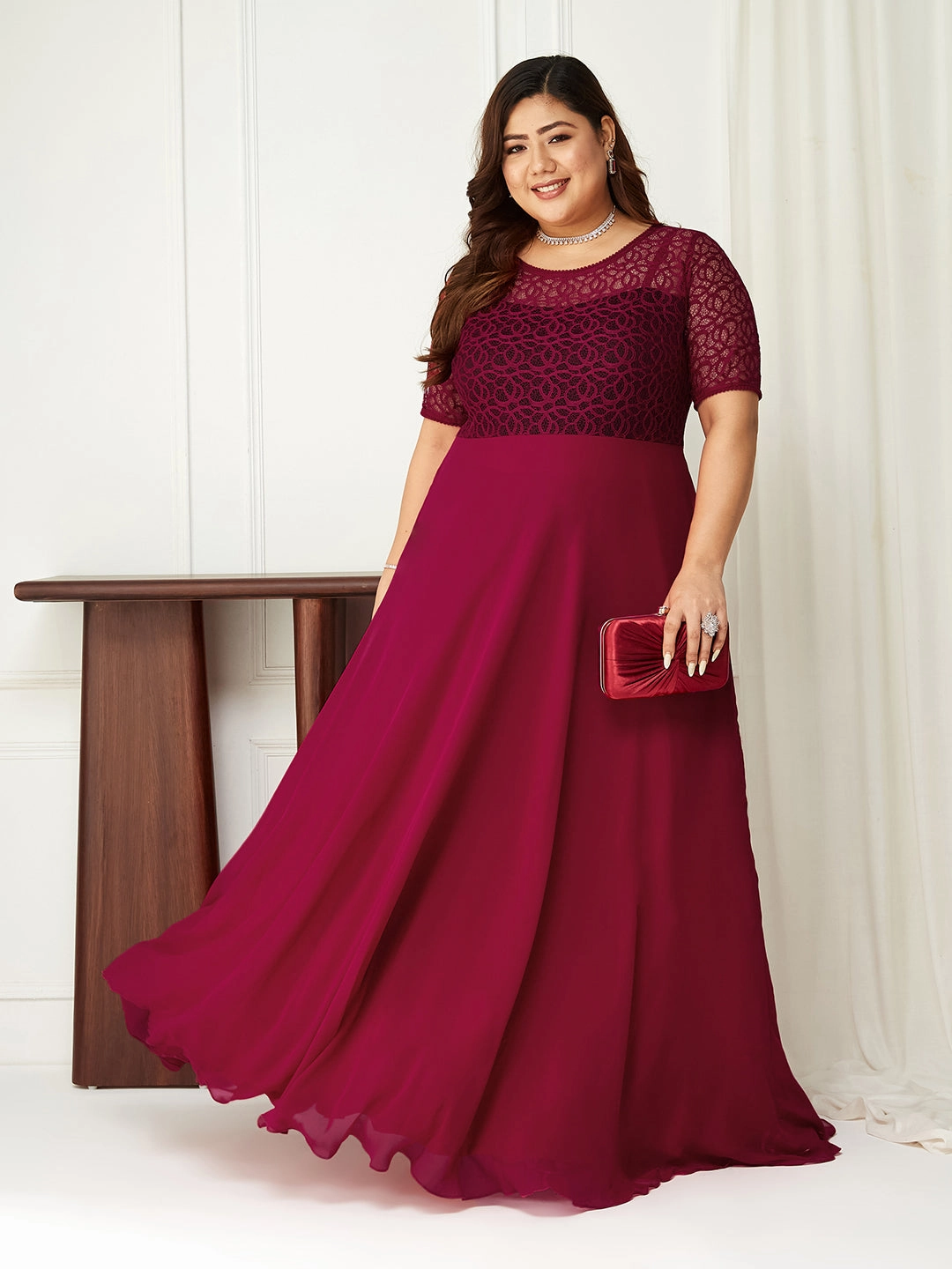 Body Bliss Dark Pink Solid Lace Overlaid Maxi Dress Charming Comfort