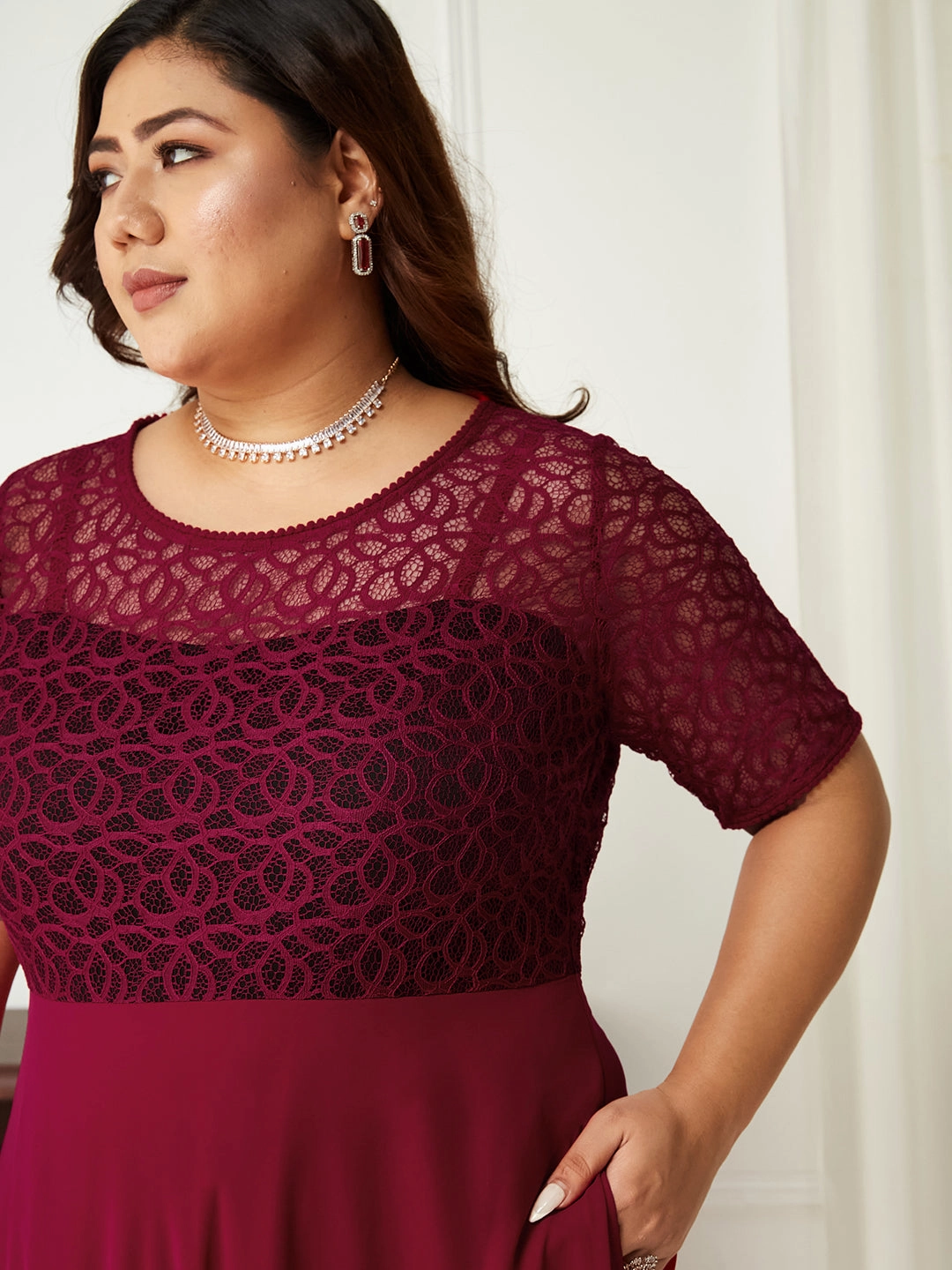 Body Bliss Dark Pink Solid Lace Overlaid Maxi Dress Formal Look