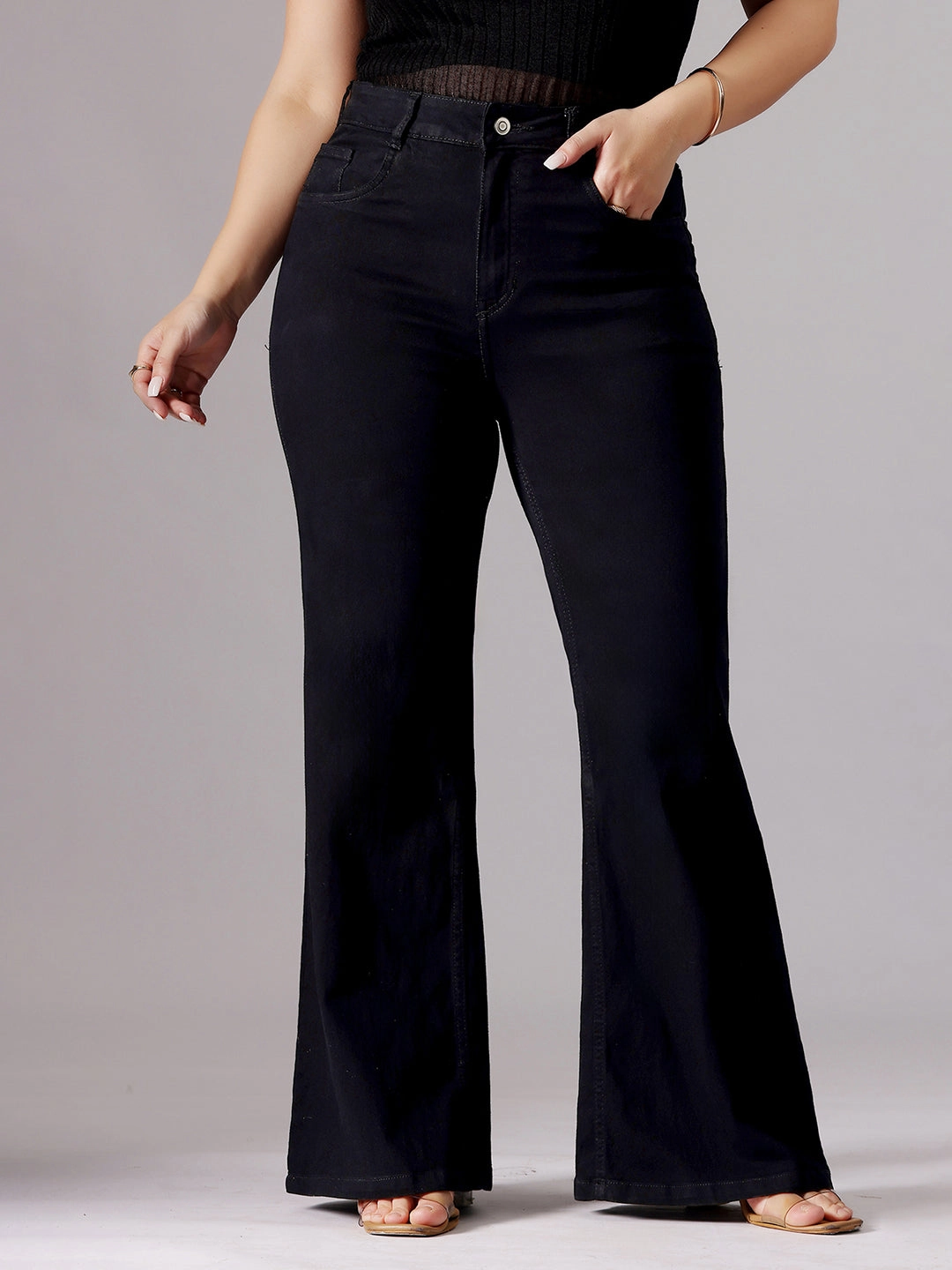 Women's Black Bootcut High-Rise Clean-Look Stretchable Denim Jeans Fashionable Waist