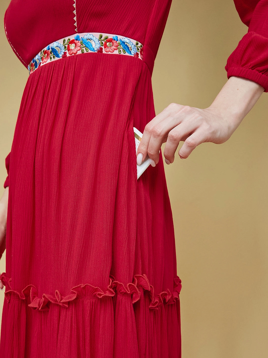 Women's Red Square Neck Bishop Sleeve Viscose Rayon Solid Gathered Midi Dress Beaded-Sleeve