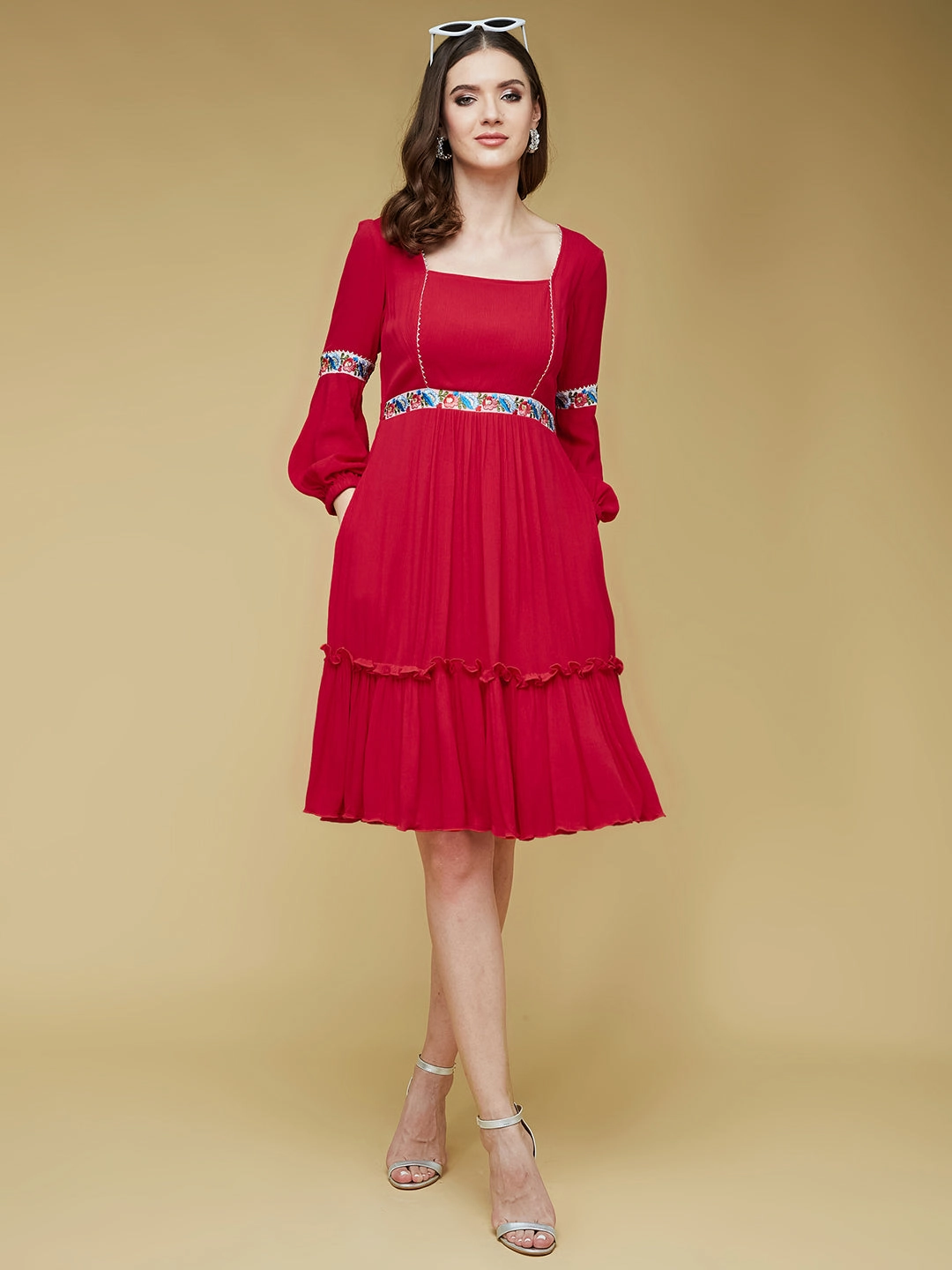 Women's Red Square Neck Bishop Sleeve Viscose Rayon Solid Gathered Midi Dress Chill Moment
