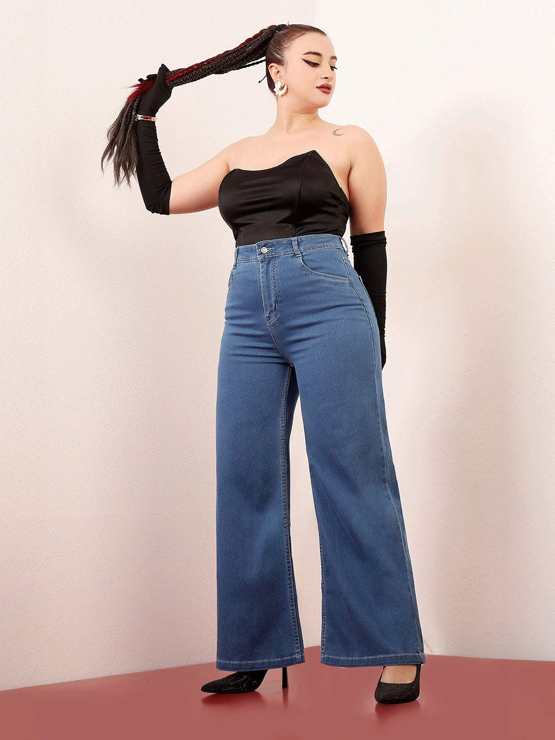 Neutral Style Base Layer 24/7 Comfort Blue Wide-Leg High-Rise Clean-Look Stretchable Denim Jeans