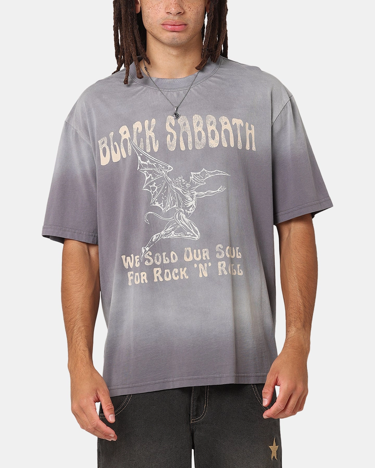 Rolled Hem Finish MinimalistSilhouette Black Sabbath Sold Our Soul T-Shirt Sun Washed Blue
