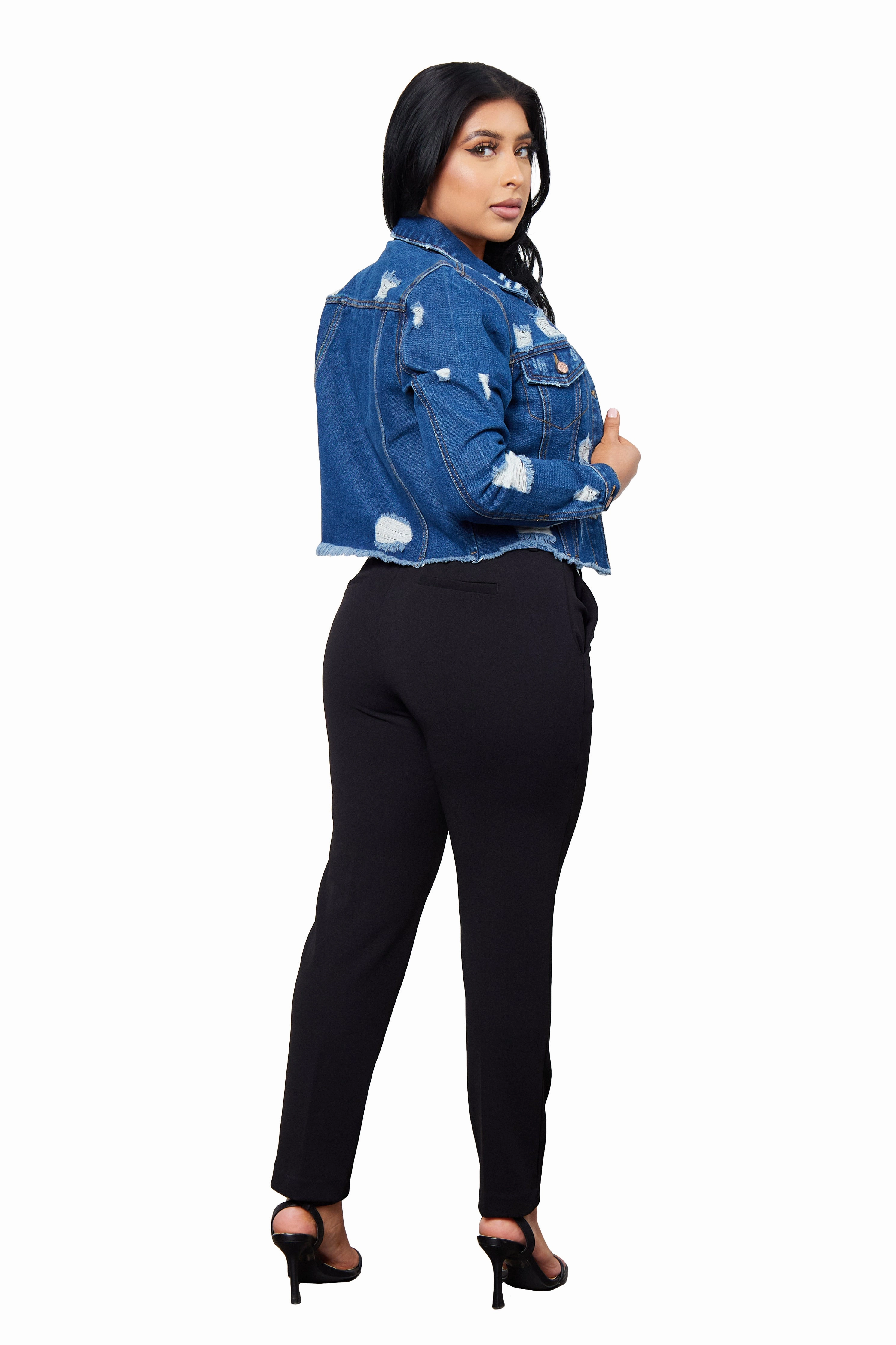 Stylish Fit Cropped Destructed Fray Denim Jacket Indoor Wear Outdoor Running Soft Touch