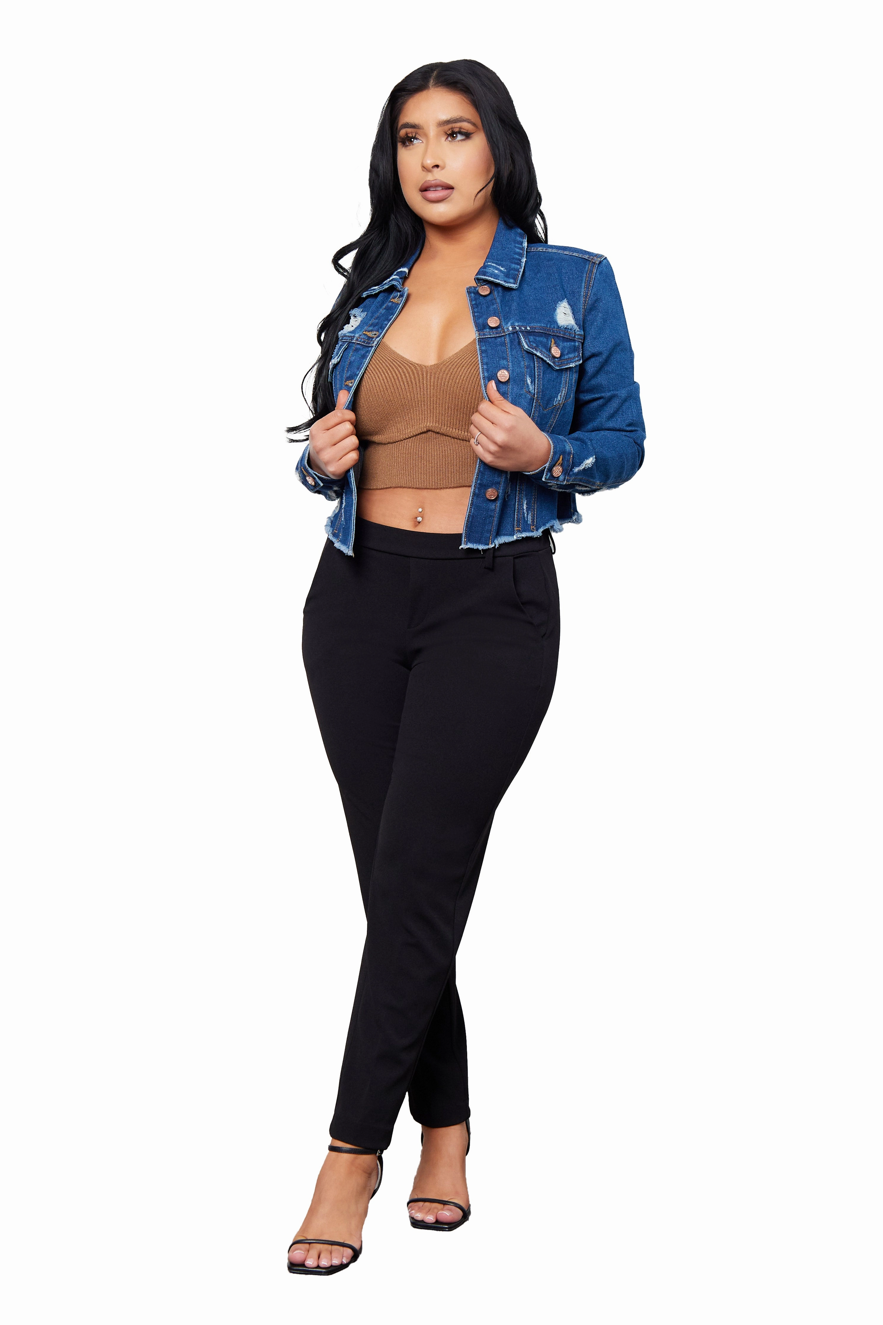 Stylish Fit Cropped Destructed Fray Denim Jacket Body Shaping Beginner Level Mesh Panel Park Run