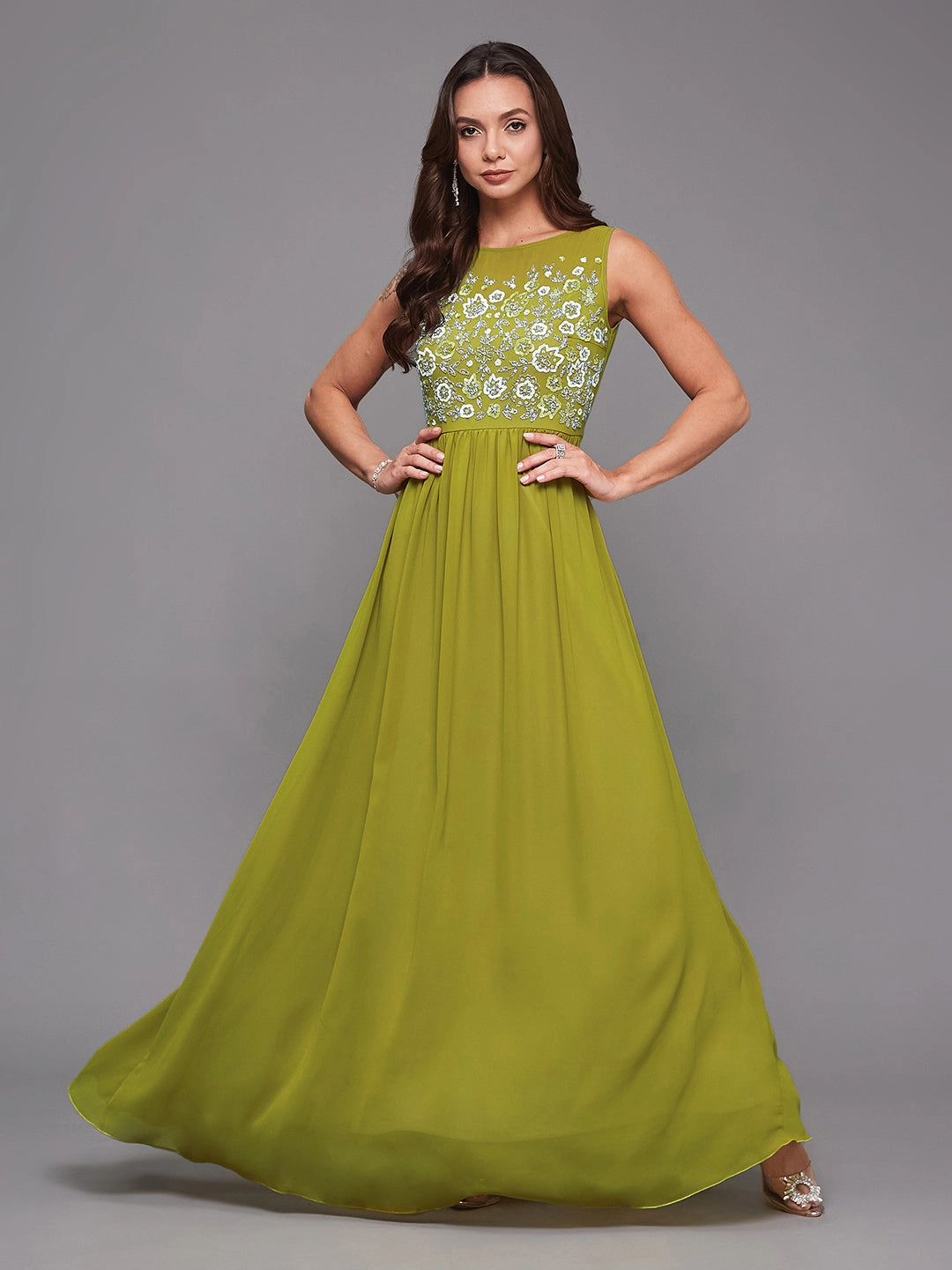 Timeless Style Shore Time Women's Lemon Green Boat Neck Sleeveless Embroidered Georgette Gathered Maxi Dress
