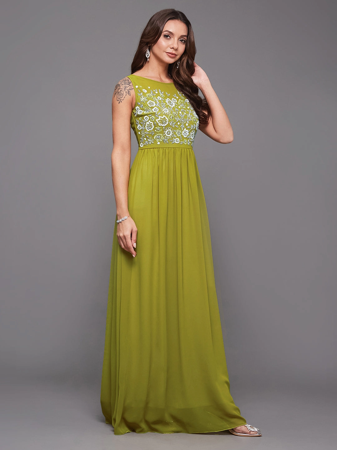 Puff-Sleeve Party Floral Women's Lemon Green Boat Neck Sleeveless Embroidered Georgette Gathered Maxi Dress
