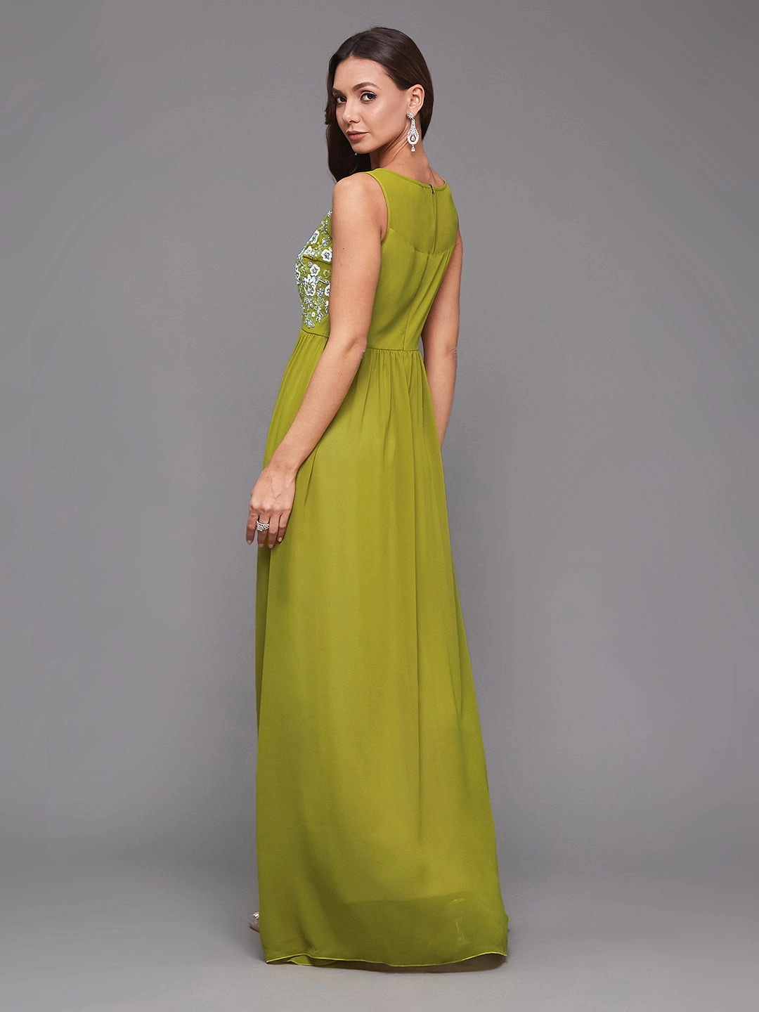 Smart Fabric ReversibleStyle Women's Lemon Green Boat Neck Sleeveless Embroidered Georgette Gathered Maxi Dress