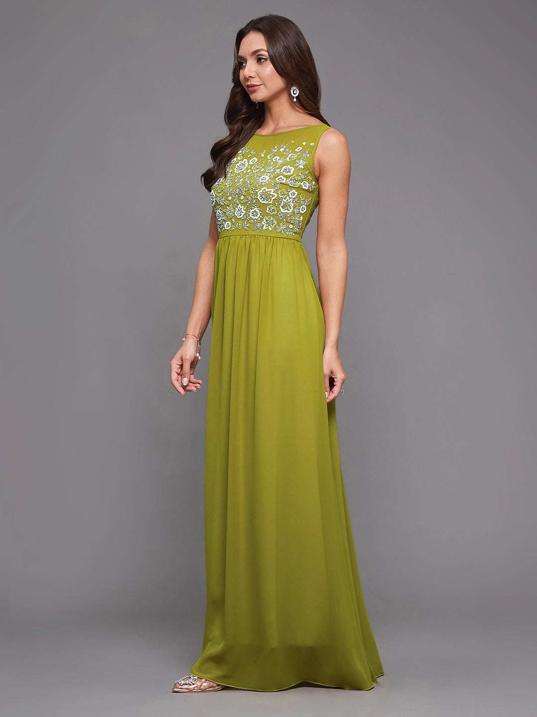 Women's Lemon Green Boat Neck Sleeveless Embroidered Georgette Gathered Maxi Dress Casual Elegance