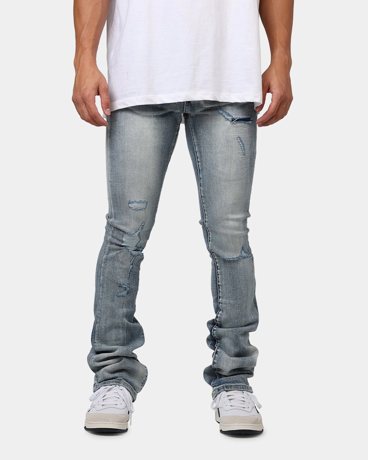 MNML X635 Ripped Flare Denim Jeans Blue Yoga Ready Warm Layer