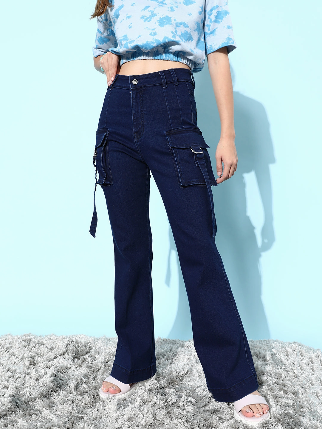 Festival Outfit Everyday 24/7 Comfort Navy-Blue Bootcut High-Rise Stretchable Cargo Denim Jeans