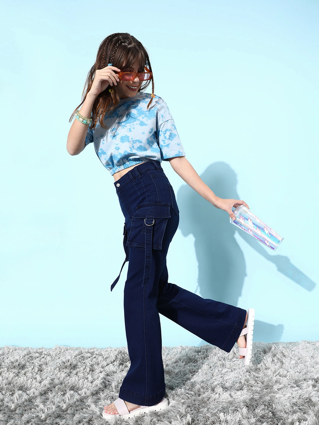 Spring Mood Elegant City Walk 24/7 Comfort Navy-Blue Bootcut High-Rise Stretchable Cargo Denim Jeans