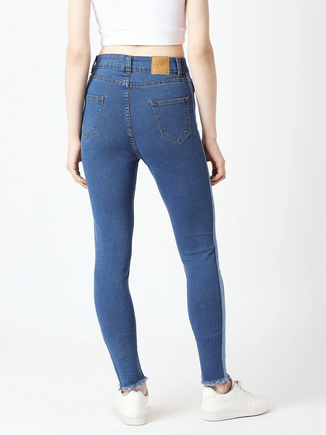 All Purpose Women's Blue Skinny High-Rise Clean-Look Fringe And Silky Denim Tape Detailing Cropped Denim Jeans