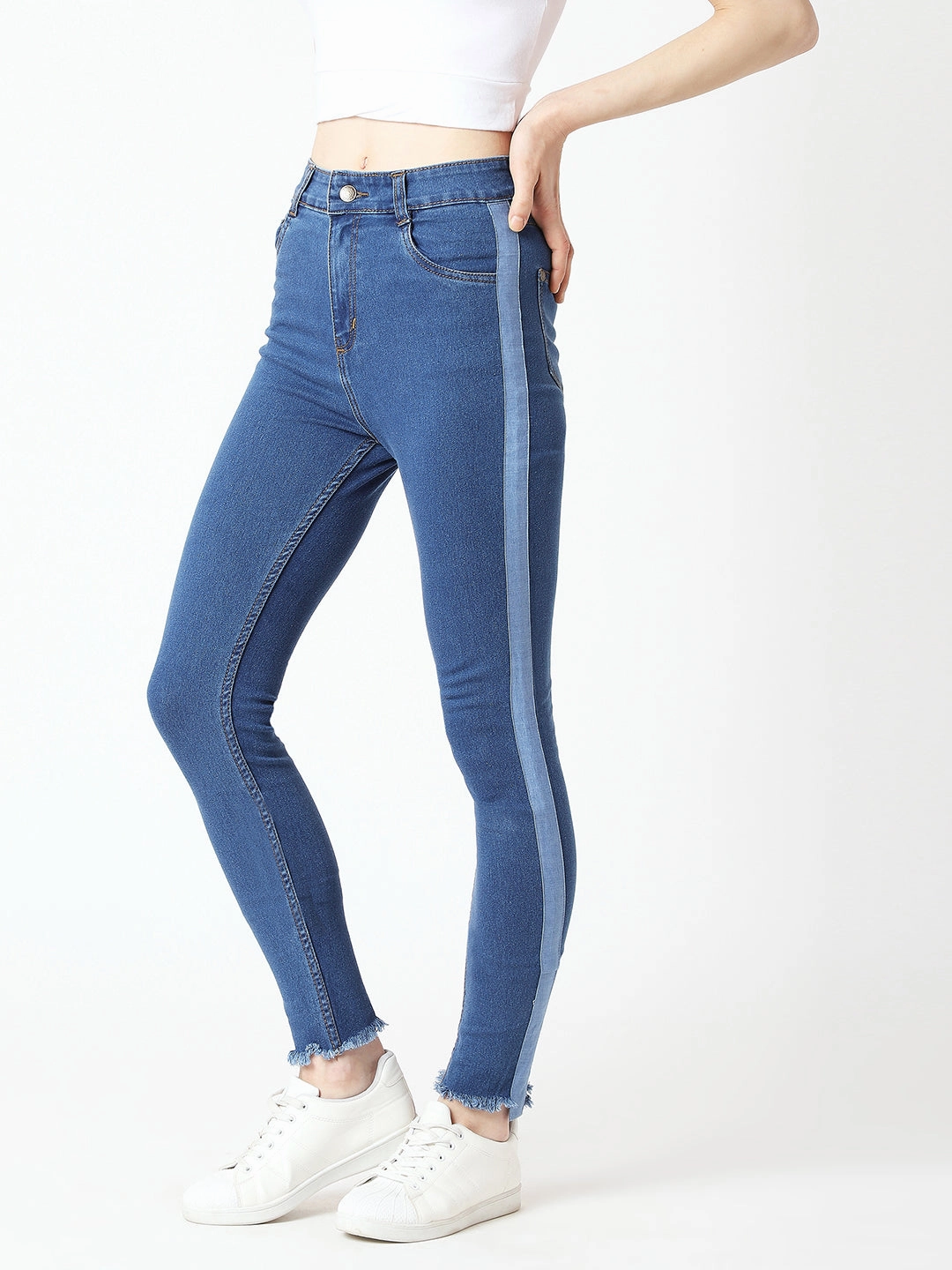 Women's Blue Skinny High-Rise Clean-Look Fringe And Silky Denim Tape Detailing Cropped Denim Jeans Contemporary Look Modern Vibes
