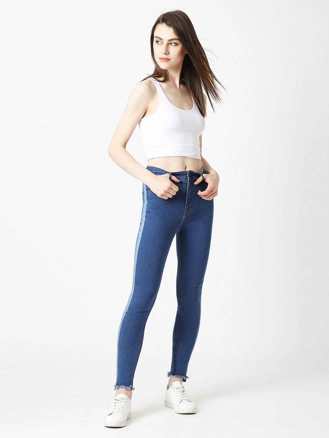Women's Blue Skinny High-Rise Clean-Look Fringe And Silky Denim Tape Detailing Cropped Denim Jeans Seamless Pocket Design