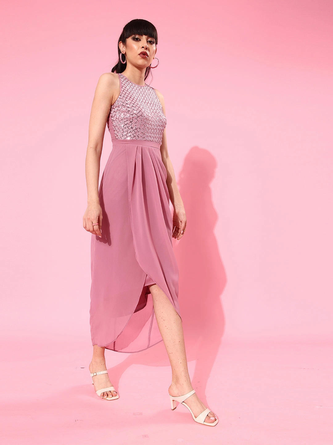 Elegant Charm Women's Dusty Lavender Round Neck Sleeveless Embellished Midi Dress