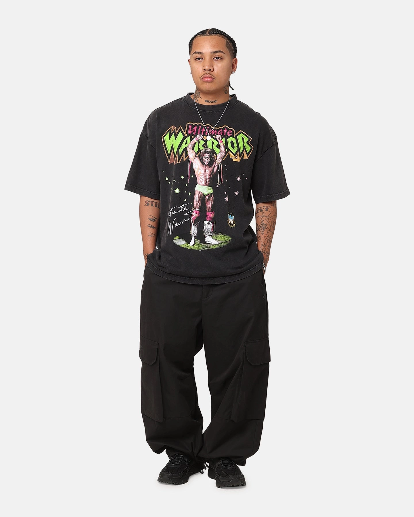 Culture Kings X WWE Ultimate Warrior Vintage T-Shirt Black Acidwash FadeResistant WrinkleResistantWeave