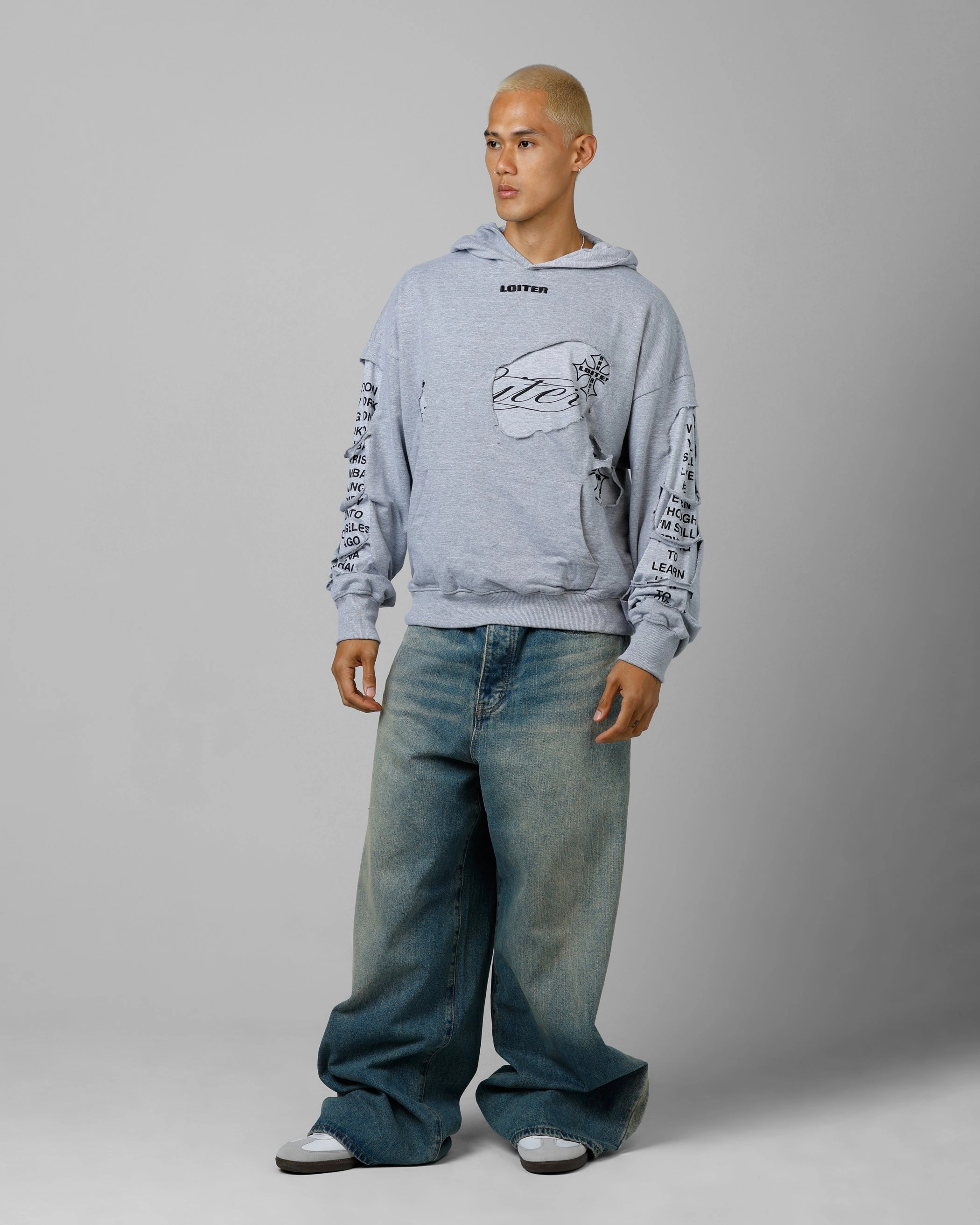 Loiter Destruction Hoodie Grey Durable Double Stitching Ribbed Trim Details