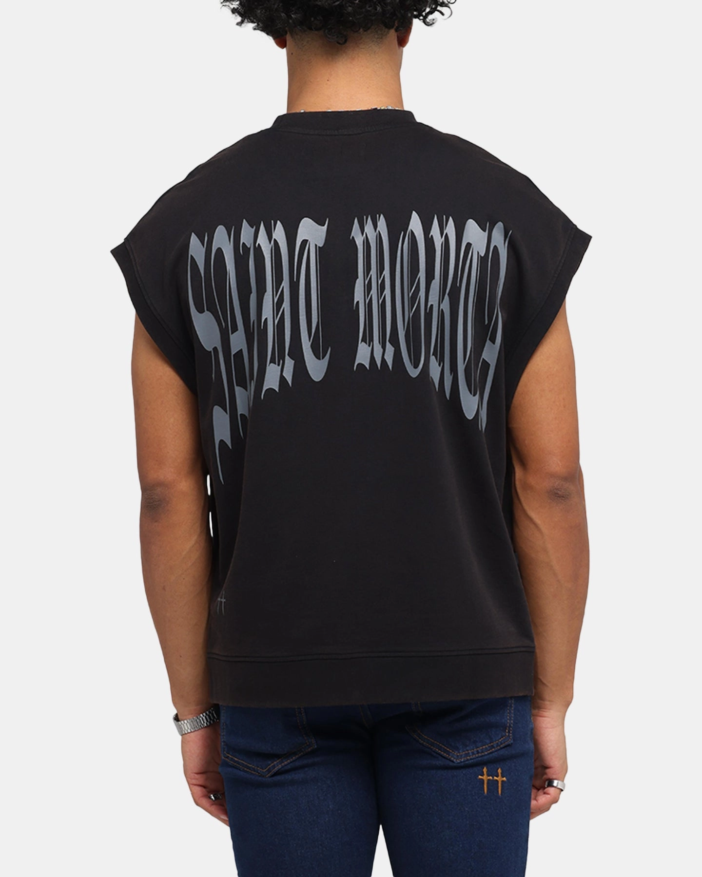 Saint Morta Vill Park Cut Off Sweater Vintage Black Simple Shirt Printed Blouse