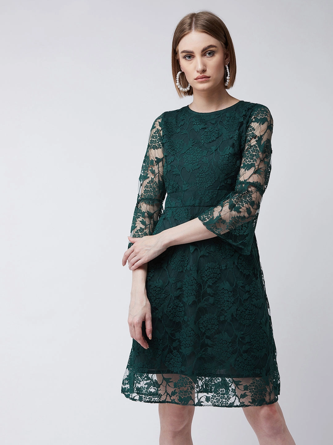 Fashionable And Functional Cut-Out-Detail Women's Forest Green Round Neck 3/4 Sleeves Floral A-Line Knee-Length Dress