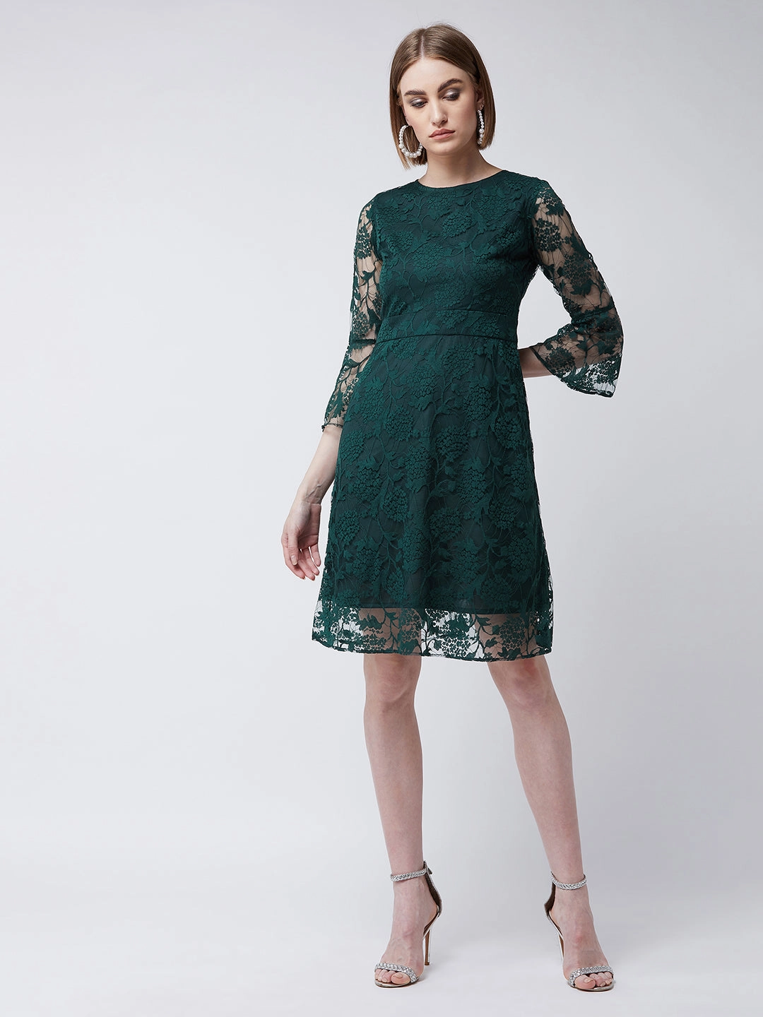 Luxurious Feel Feel Good Women's Forest Green Round Neck 3/4 Sleeves Floral A-Line Knee-Length Dress