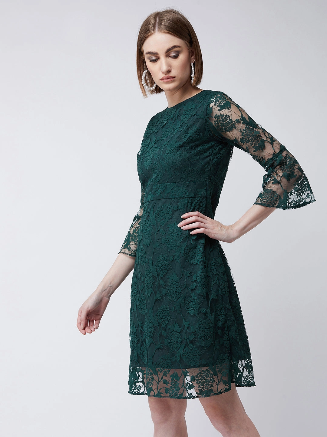 Calm Grace Women's Forest Green Round Neck 3/4 Sleeves Floral A-Line Knee-Length Dress
