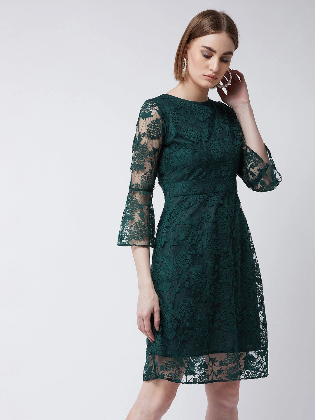 Women's Forest Green Round Neck 3/4 Sleeves Floral A-Line Knee-Length Dress Coastal Chic Simple Flow