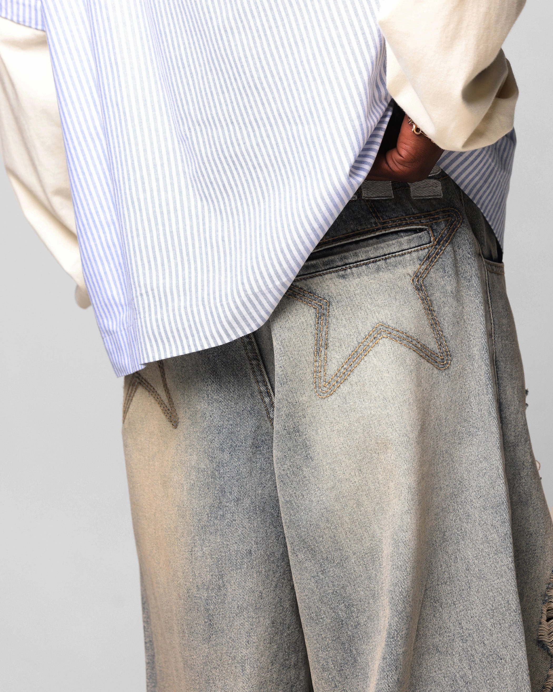 AdjustableDrawstring Loiter Star Layered Distressed Jeans Washed Blue