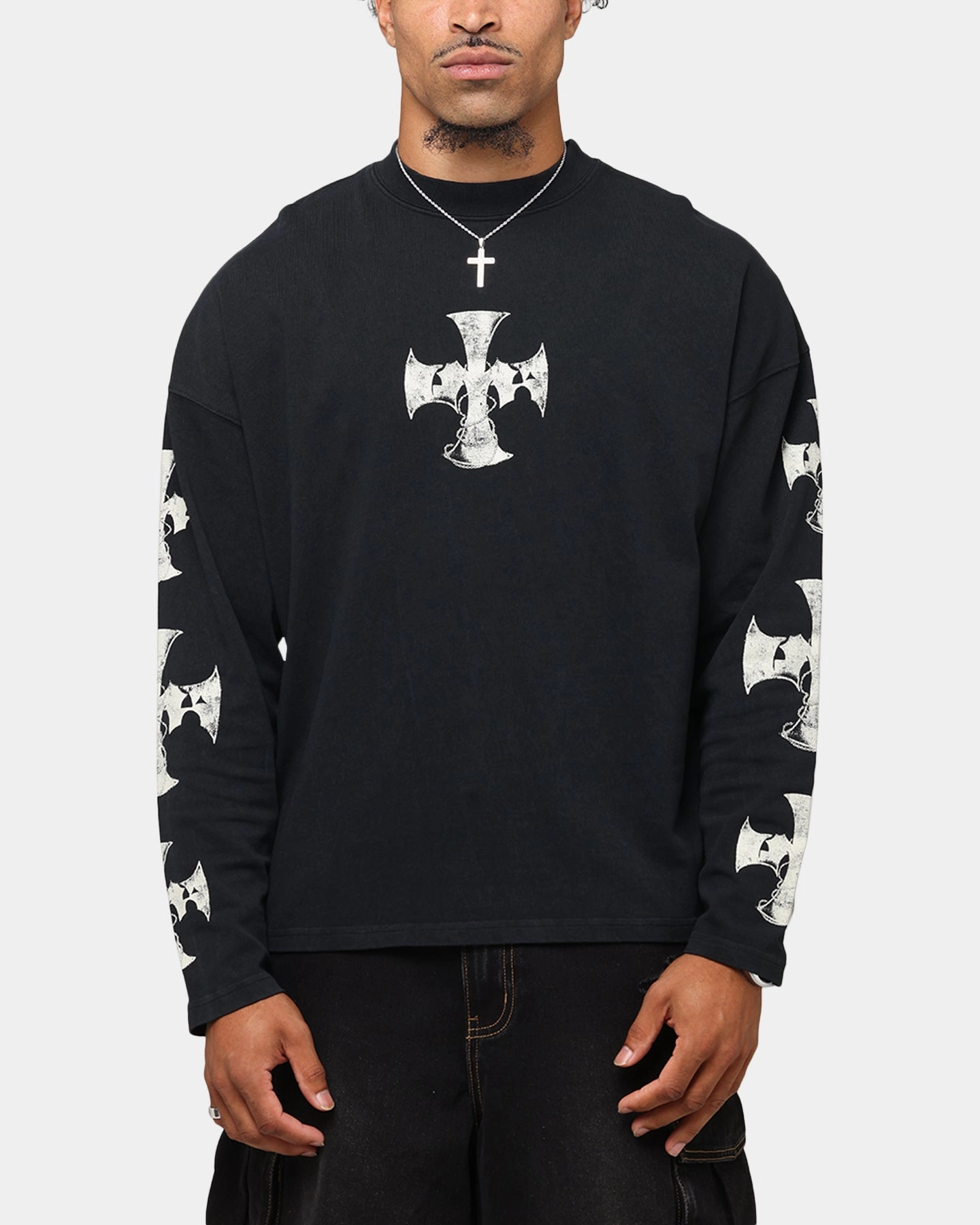 Loiter Cross Long Sleeve T-Shirt Black Acidwash Stretchable Knit AthleisureInspired