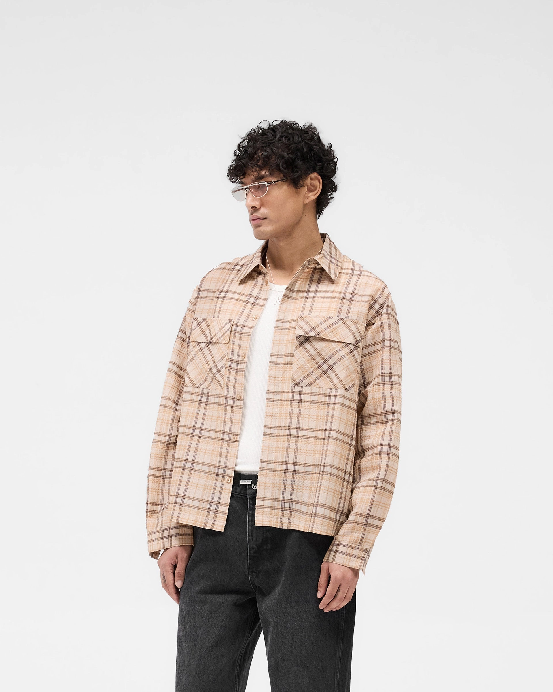 Edgy Fashion Non Chafe Seams Sheer Flannel Shirt - Brown Check