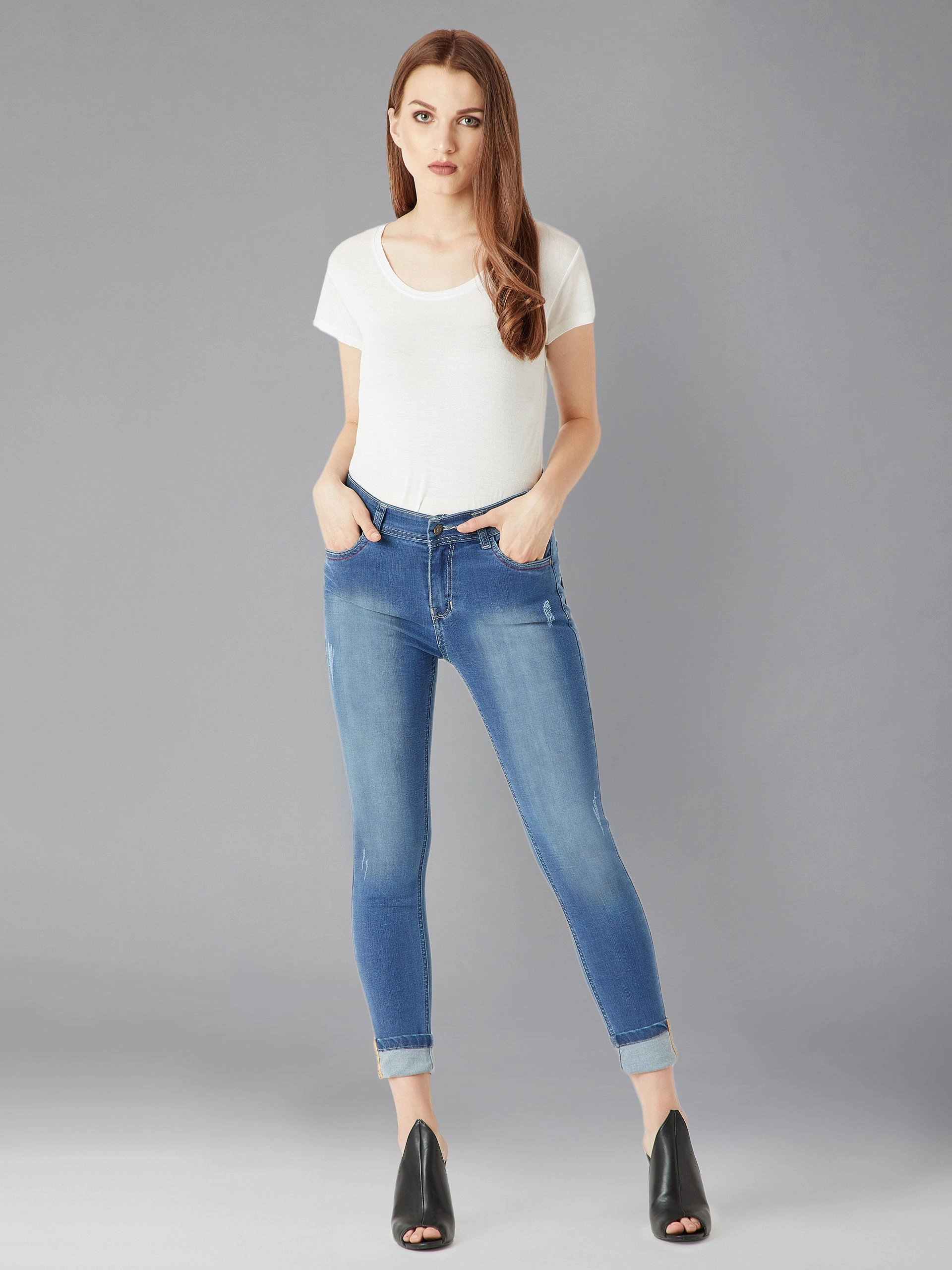 Lifestyle Fit Always Appropriate Women's Blue Skinny-Fit High-Rise Twill Tape Detailing Scraped Stretchable Denim Jeans