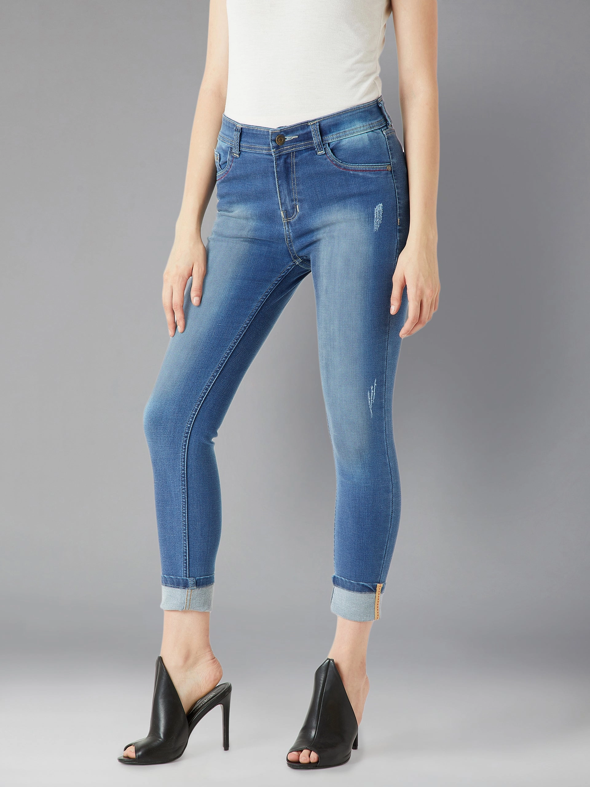 Women's Blue Skinny-Fit High-Rise Twill Tape Detailing Scraped Stretchable Denim Jeans Everyday Basic Durable Fabric