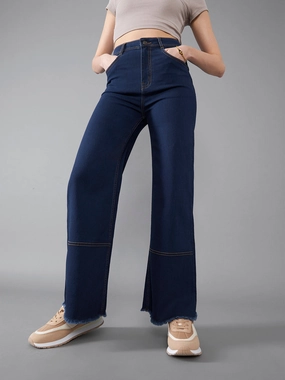 Picnic Style Textured Slim Vintage Lover 24/7 Comfort Navy-Blue Wide-Leg High-Rise Stretchable Denim Jeans