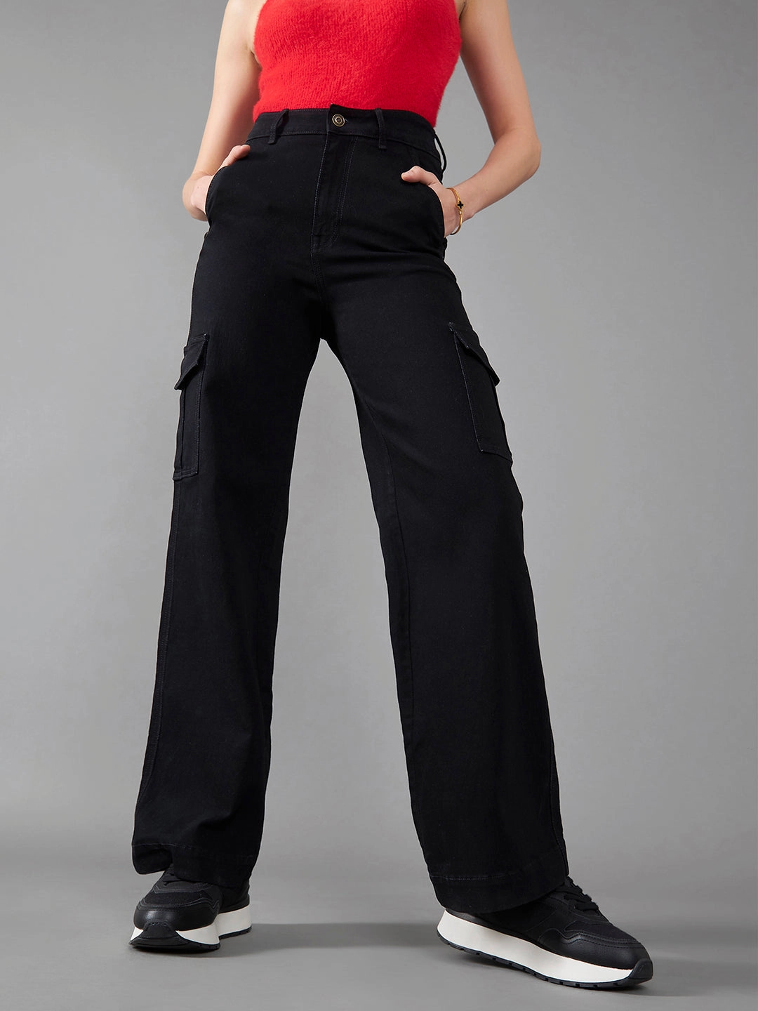 Women's Black Wide-Leg High-Rise Clean-Look Regular-Length Stretchable Denim Jeans Smart Waistband