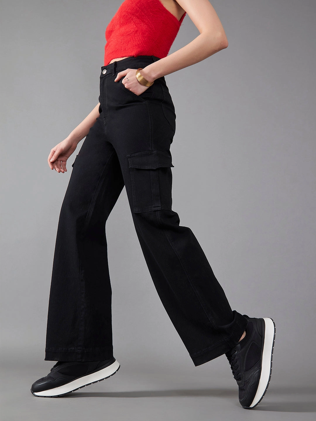 Women's Black Wide-Leg High-Rise Clean-Look Regular-Length Stretchable Denim Jeans Stretch Unisex Wear Classic Wear Fashionable Look