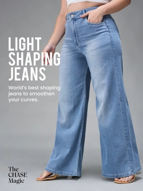 Street Mood Closet Staple CHASEshape? Light-Blue Wide-Leg High-Rise Stretchable Denim Jeans