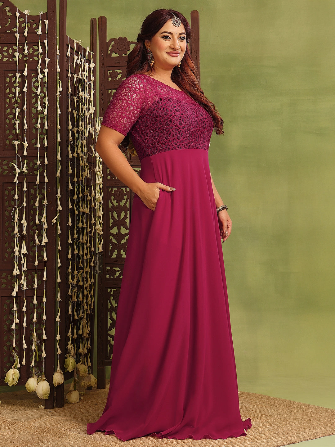 Pretty Glow Modern Appearance Women's Dark Pink Half Sleeve Solid Lace-Overlaid Maxi Dress