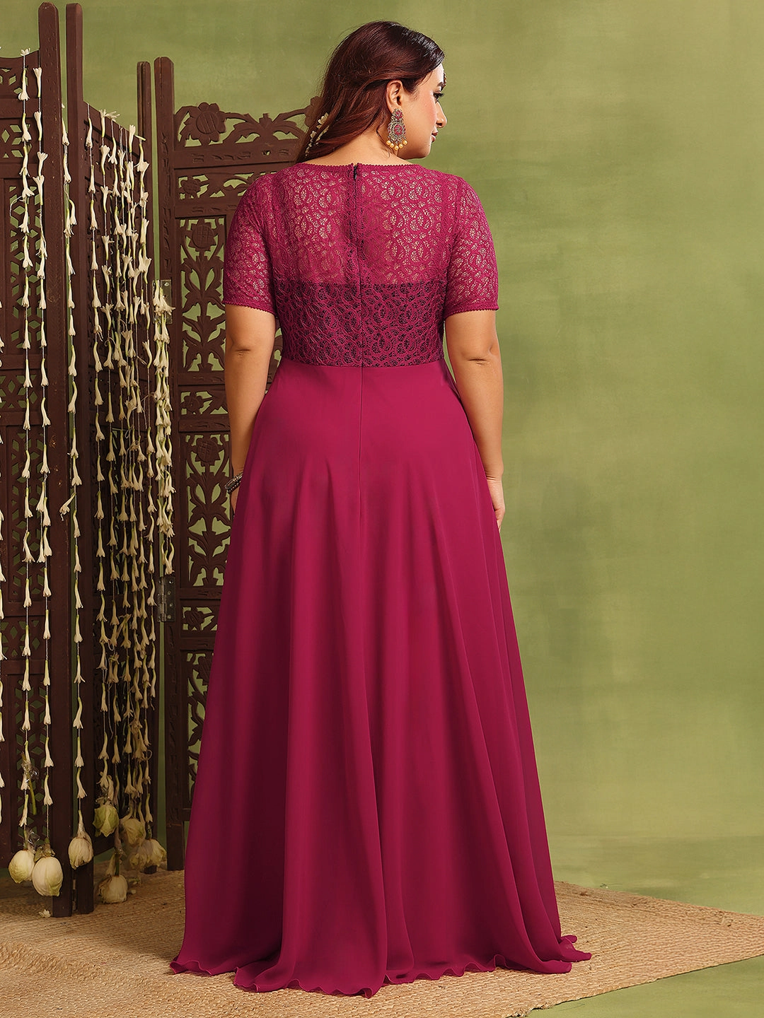 Women's Dark Pink Half Sleeve Solid Lace-Overlaid Maxi Dress Timeless Energy