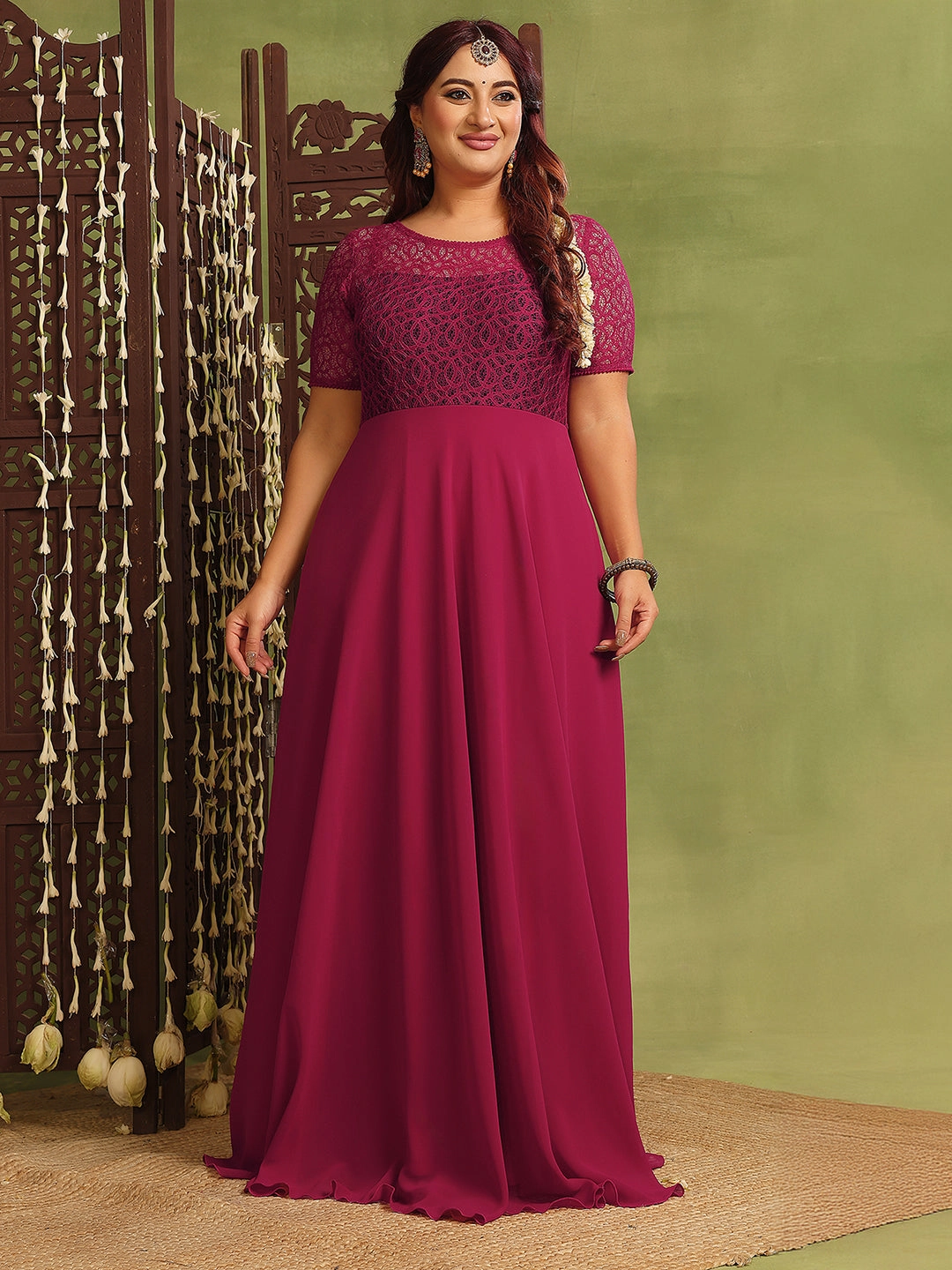 Women's Dark Pink Half Sleeve Solid Lace-Overlaid Maxi Dress Stylish Comfort