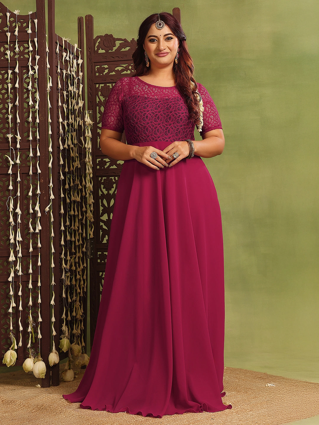 Women's Dark Pink Half Sleeve Solid Lace-Overlaid Maxi Dress Day Ready Look Polished Fit