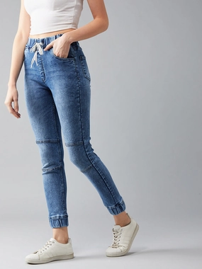 Women's Blue Relaxed Fit Mid Rise Regular Length Denim Stretchable Jogger Pants All-Purpose Comfort