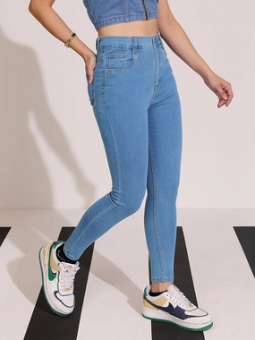 Low-rise style Women's Blue Skinny High-Rise Distressed Cropped Denim Jeans