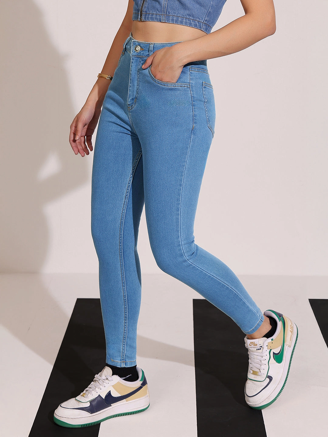 Women's Blue Skinny High-Rise Distressed Cropped Denim Jeans Day Adventure Chill Mode